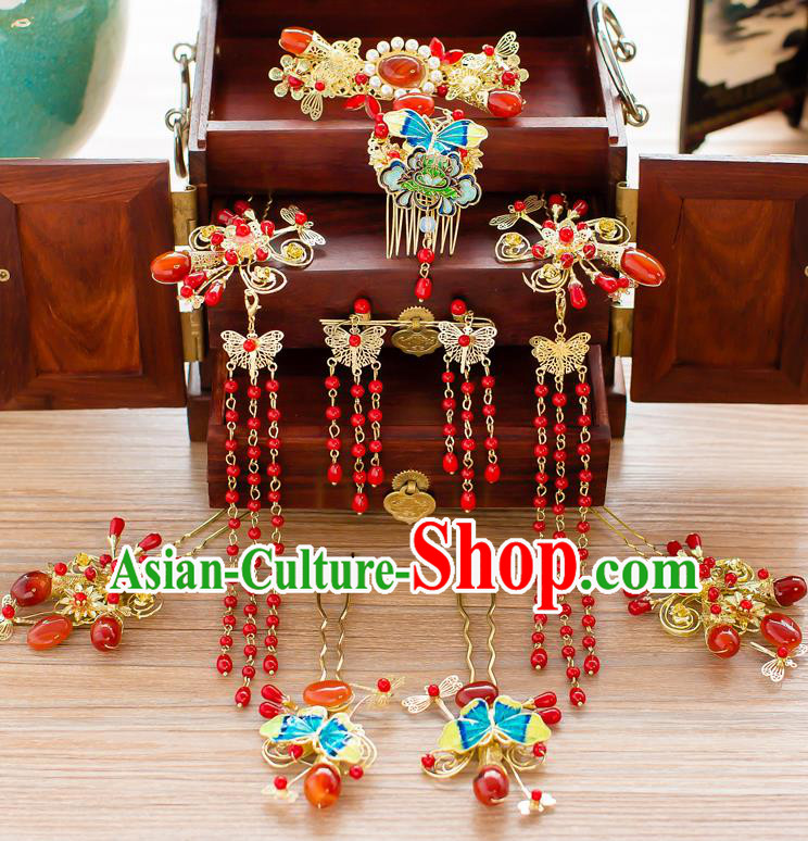 Chinese Traditional Palace Hair Accessories Xiuhe Suit Tassel Phoenix Coronet Ancient Hairpins Complete Set for Women