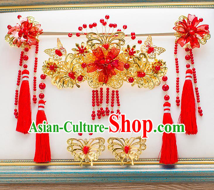 Chinese Traditional Palace Hair Accessories Phoenix Coronet Ancient Xiuhe Suit Tassel Hairpins Complete Set for Women