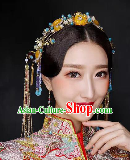 Chinese Traditional Palace Hair Accessories Ancient Hairpins Xiuhe Suit Tassel Hair Clips Complete Set for Women