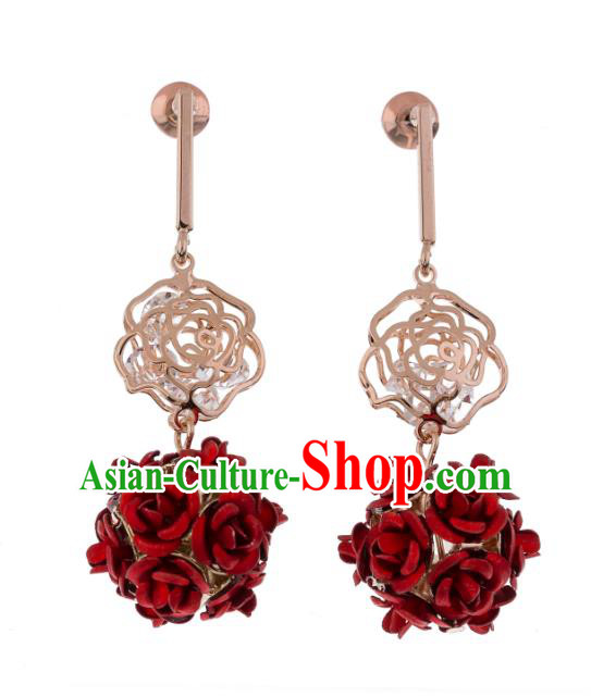 Chinese Ancient Bride Classical Accessories Red Rose Earrings Wedding Jewelry Hanfu Eardrop for Women