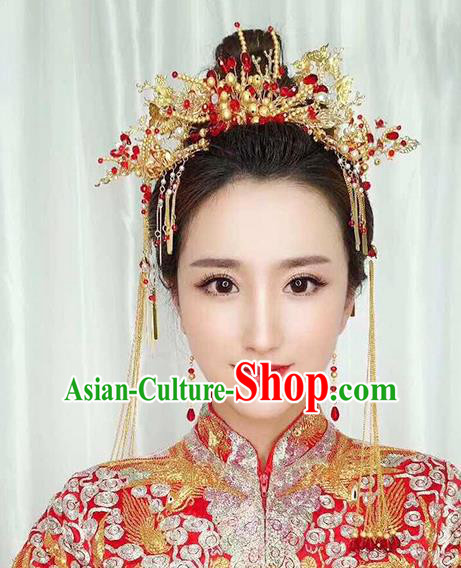 Chinese Traditional Palace Hair Accessories Ancient Xiuhe Suit Hairpins Golden Phoenix Coronet for Women