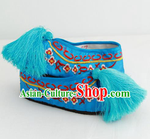 Chinese Traditional Embroidered Shoes Ancient Beijing Opera Blue Blood Stained Shoes for Women
