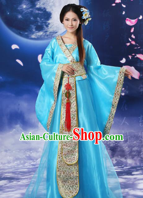 Chinese Traditional Fairy Blue Hanfu Dress Ancient Tang Dynasty Imperial Concubine Costume for Women