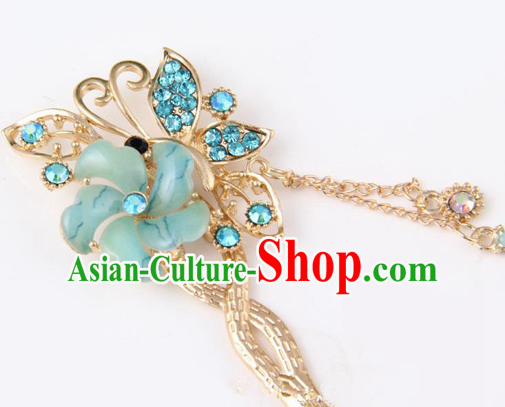 Chinese Traditional Palace Hair Accessories Ancient Blue Flowers Hairpins Crystal Hair Clips for Women