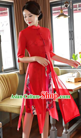 Top Grade Chinese Printing Red Two-pieces Qipao Dress National Costume Traditional Mandarin Cheongsam for Women