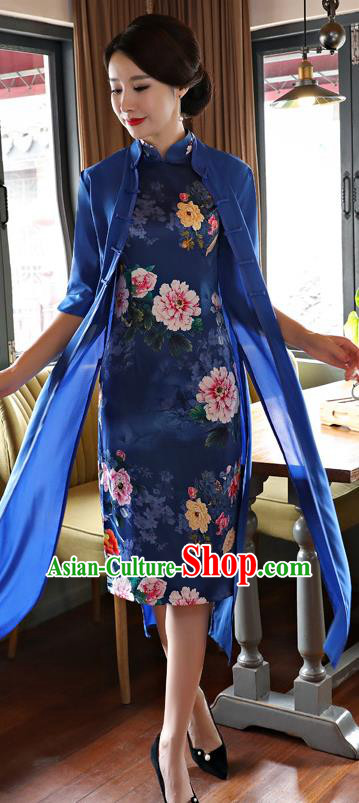 Top Grade Chinese Printing Blue Two-pieces Qipao Dress National Costume Traditional Mandarin Cheongsam for Women
