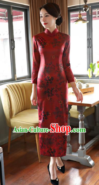Top Grade Chinese Elegance Red Watered Gauze Qipao Dress National Costume Traditional Mandarin Cheongsam for Women