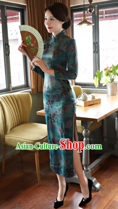 Top Grade Chinese Elegance Green Watered Gauze Qipao Dress National Costume Traditional Mandarin Cheongsam for Women