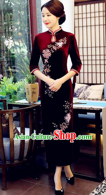 Top Grade Chinese Beading Embroidery Purplish Red Qipao Dress National Costume Traditional Mandarin Cheongsam for Women
