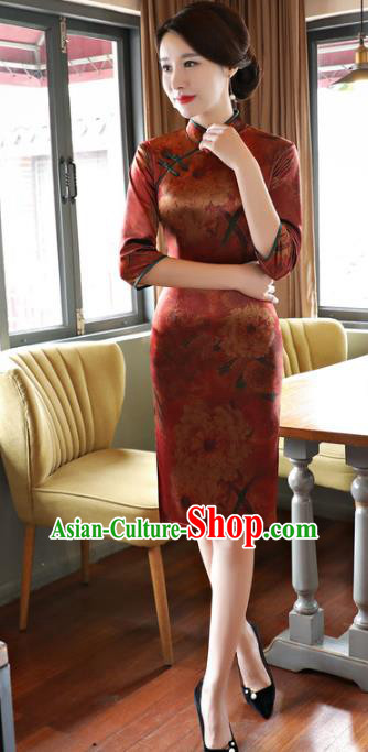 Top Grade Chinese Elegance Brown Watered Gauze Qipao Dress National Costume Traditional Mandarin Cheongsam for Women