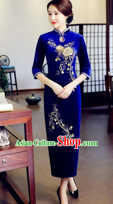 Top Grade Chinese Beading Embroidery Blue Qipao Dress National Costume Traditional Mandarin Cheongsam for Women