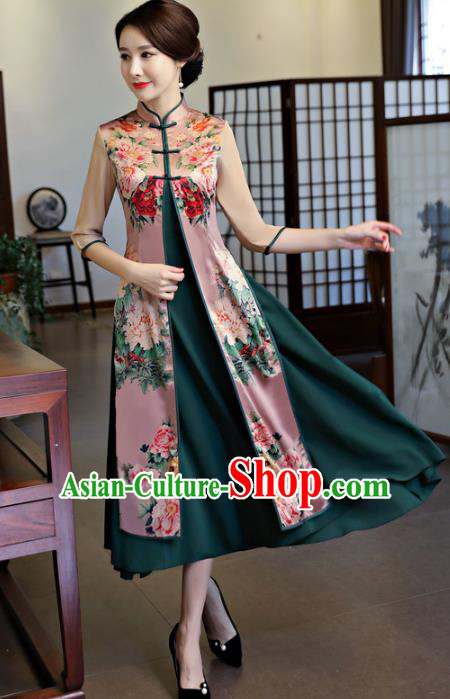 Chinese National Costume Handmade Printing Peony Two-pieces Qipao Dress Traditional Cheongsam for Women