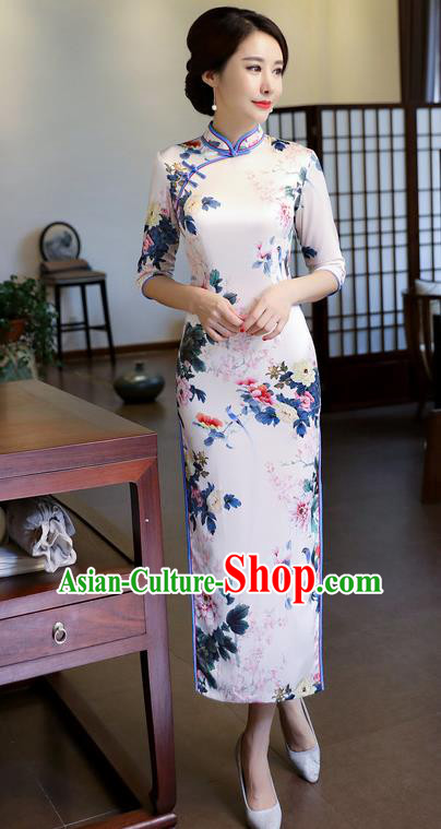 Chinese National Costume Handmade Printing White Silk Qipao Dress Traditional Cheongsam for Women