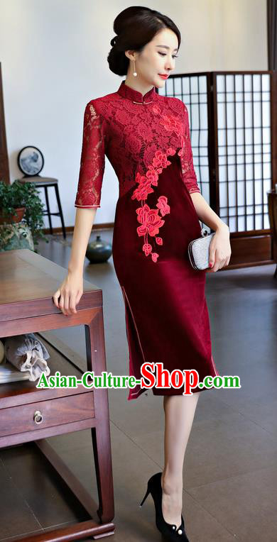 Chinese National Costume Handmade Embroidered Qipao Dress Traditional Red Lace Cheongsam for Women