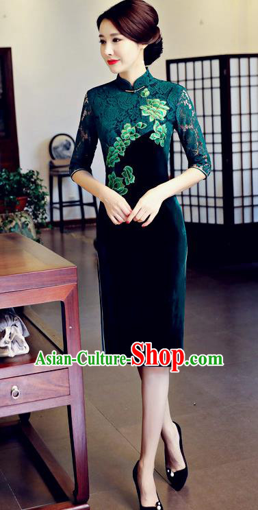 Chinese National Costume Handmade Embroidered Qipao Dress Traditional Green Lace Cheongsam for Women
