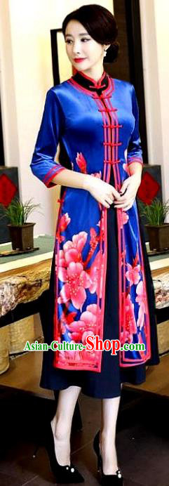 Chinese National Costume Handmade Qipao Dress Traditional Printing Royalblue Tang Suit Cheongsam for Women