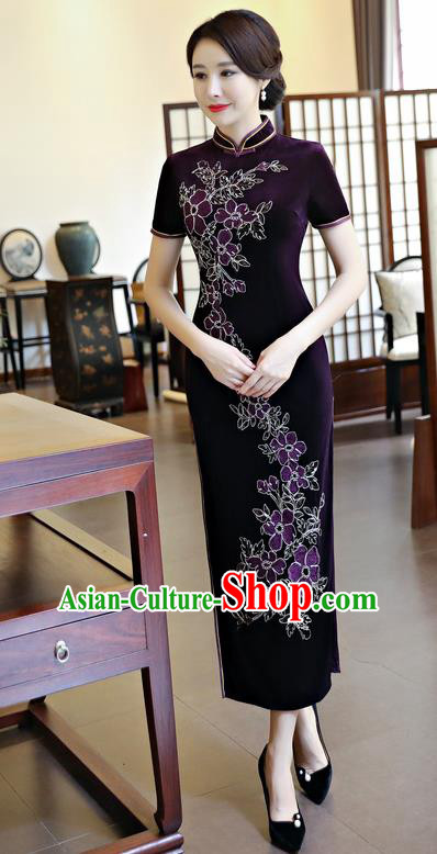 Chinese National Costume Handmade Qipao Dress Traditional Tang Suit Purple Velvet Cheongsam for Women