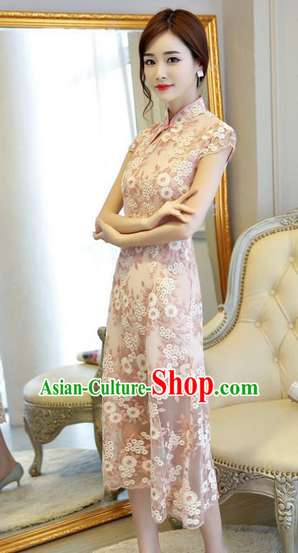 Chinese National Costume Handmade Qipao Dress Traditional Tang Suit Pink Embroidered Cheongsam for Women