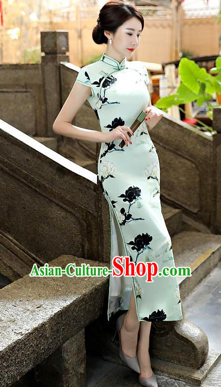 Chinese National Costume Tang Suit Qipao Dress Traditional Printing Mangnolia Green Cheongsam for Women