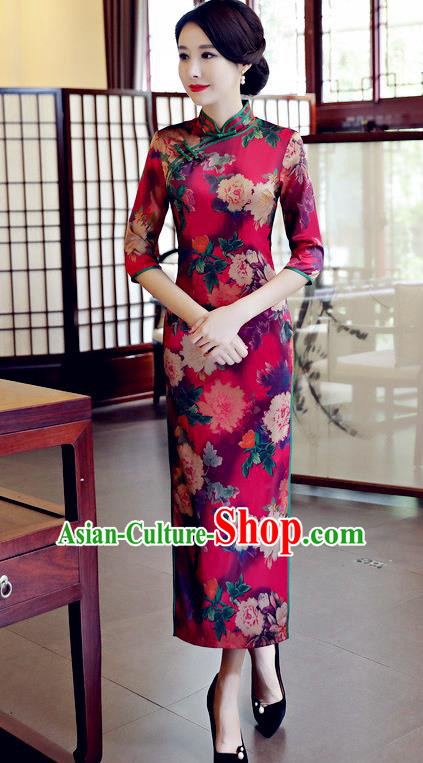 Chinese National Costume Handmade Qipao Dress Traditional Tang Suit Printing Dark Red Watered Gauze Cheongsam for Women