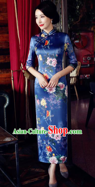 Chinese National Costume Handmade Qipao Dress Traditional Tang Suit Printing Blue Watered Gauze Cheongsam for Women