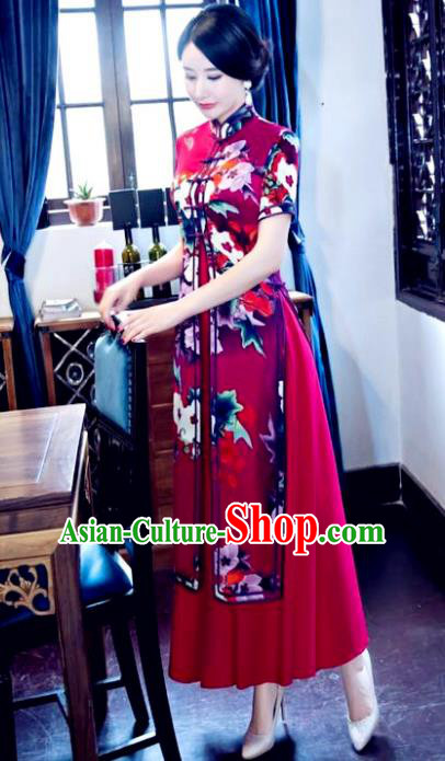 Chinese National Costume Tang Suit Silk Qipao Dress Traditional Printing Two-pieces Red Cheongsam for Women