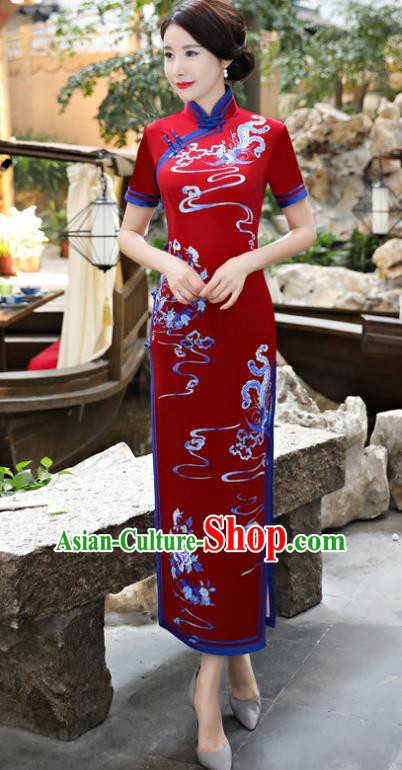 Chinese National Costume Tang Suit Silk Qipao Dress Traditional Printing Phoenix Red Cheongsam for Women
