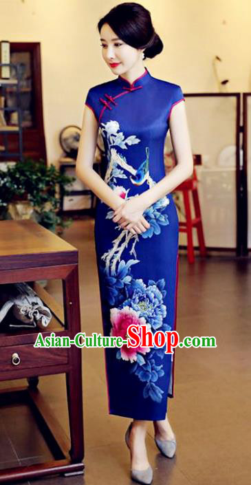 Chinese National Costume Tang Suit Qipao Dress Traditional Printing Peony Flowers Blue Cheongsam for Women