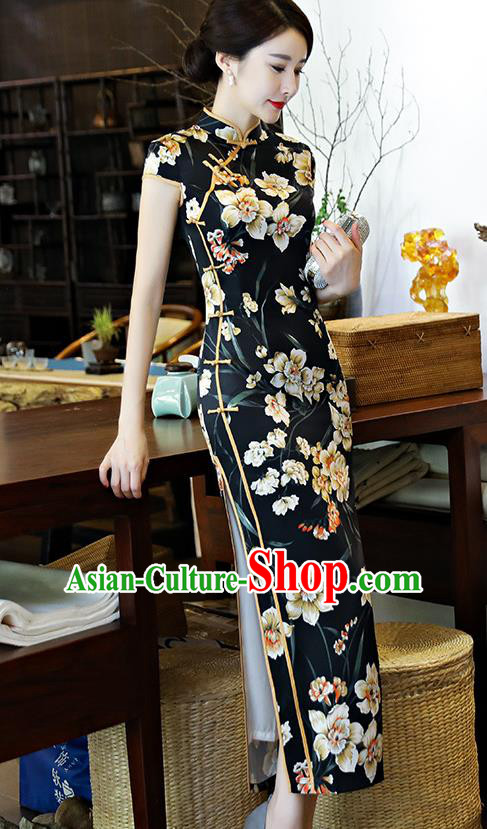 Chinese National Costume Tang Suit Qipao Dress Traditional Printing Flowers Black Cheongsam for Women
