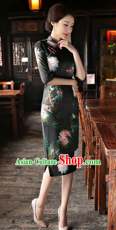 Chinese National Costume Tang Suit Retro Qipao Dress Traditional Printing Peony Cheongsam for Women