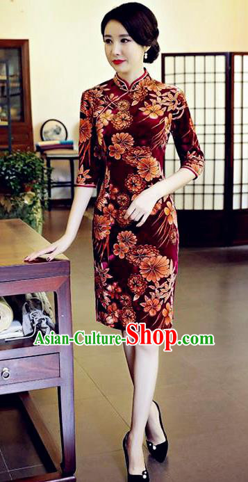 Chinese National Costume Handmade Wine Red Velvet Qipao Dress Traditional Tang Suit Printing Chrysanthemum Cheongsam for Women