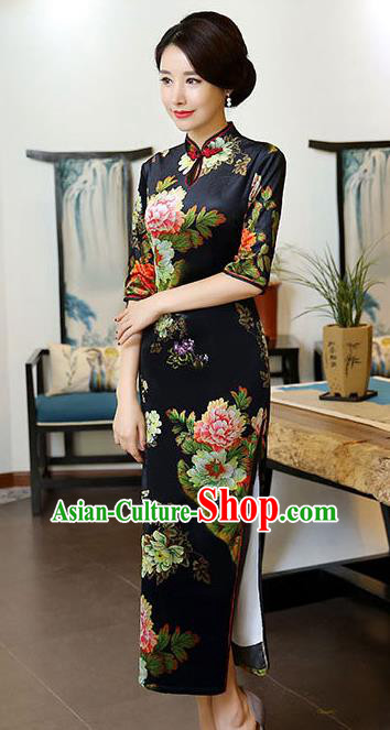 Chinese National Costume Handmade Black Qipao Dress Traditional Tang Suit Printing Silk Cheongsam for Women