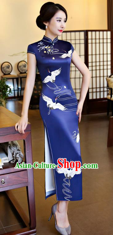 Chinese National Costume Handmade Royalblue Silk Qipao Dress Traditional Tang Suit Printing Crane Cheongsam for Women