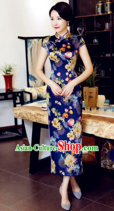 Chinese National Costume Handmade Printing Qipao Dress Traditional Tang Suit Blue Silk Cheongsam for Women