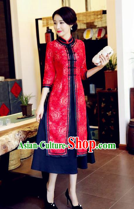 Chinese National Costume Handmade Red Qipao Dress Traditional Tang Suit Two-pieces Cheongsam for Women