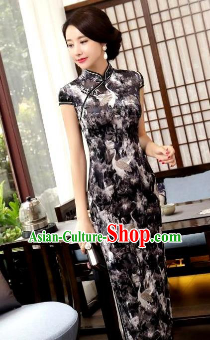 Chinese National Costume Handmade Tang Suit Black Qipao Dress Traditional Printing Crane Cheongsam for Women