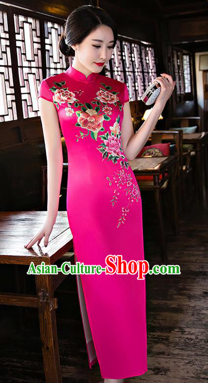 Chinese National Costume Handmade Tang Suit Qipao Dress Traditional Printing Peony Rosy Silk Cheongsam for Women