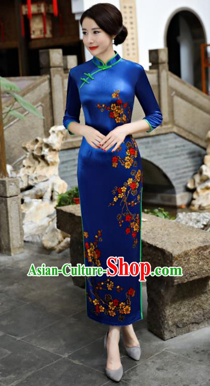 Chinese National Costume Tang Suit Blue Pleuche Qipao Dress Traditional Cheongsam for Women