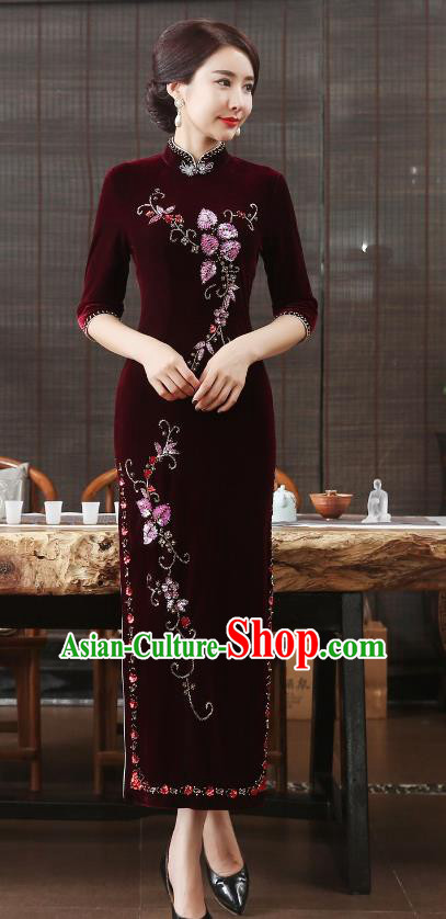 Chinese National Costume Retro Wine Red Velvet Qipao Dress Traditional Republic of China Tang Suit Cheongsam for Women