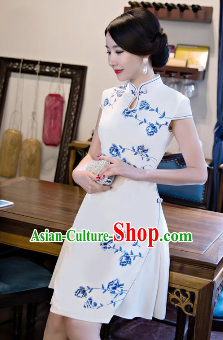 Chinese National Costume Retro Printing Peony White Velvet Qipao Dress Traditional Republic of China Tang Suit Cheongsam for Women