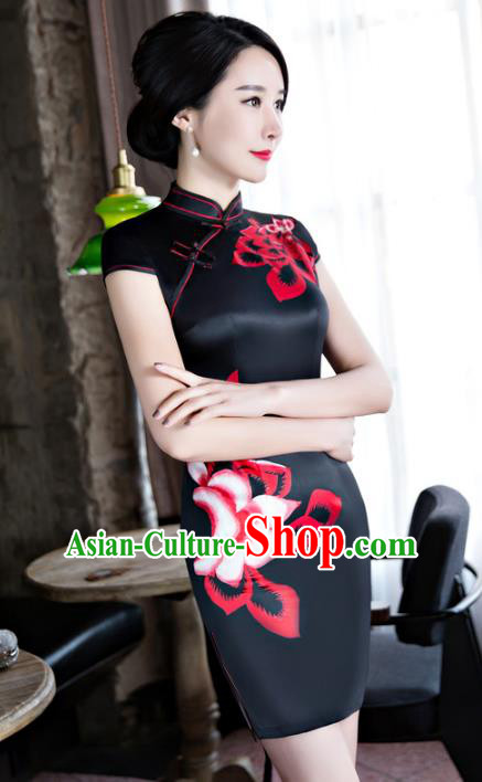 Chinese Top Grade Retro Black Silk Qipao Dress Traditional Republic of China Tang Suit Short Cheongsam for Women