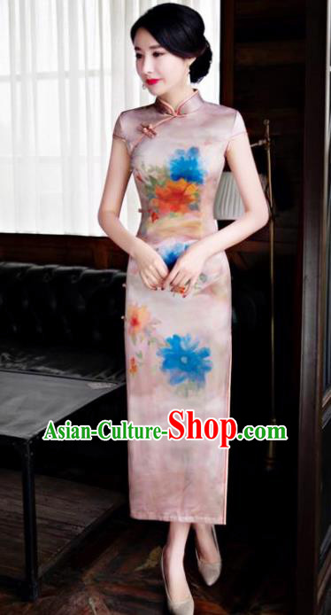 Chinese Top Grade Retro Qipao Dress Traditional Republic of China Tang Suit Pink Silk Cheongsam for Women