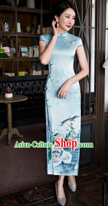 Chinese Top Grade Retro Blue Silk Qipao Dress Traditional Republic of China Tang Suit Cheongsam for Women