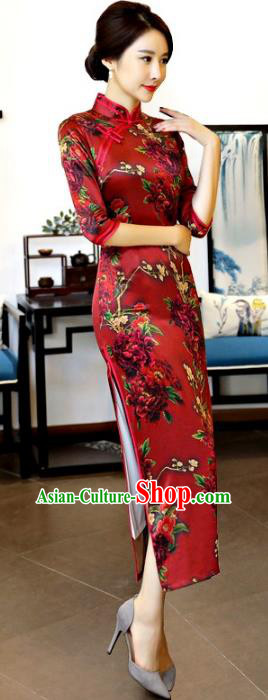 Chinese National Costume Tang Suit Red Qipao Dress Traditional Printing Cheongsam for Women