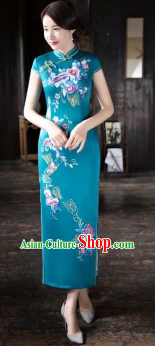 Chinese National Costume Tang Suit Printing Green Silk Qipao Dress Traditional Republic of China Cheongsam for Women