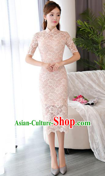 Chinese National Costume Tang Suit Pink Lace Qipao Dress Traditional Republic of China Cheongsam for Women