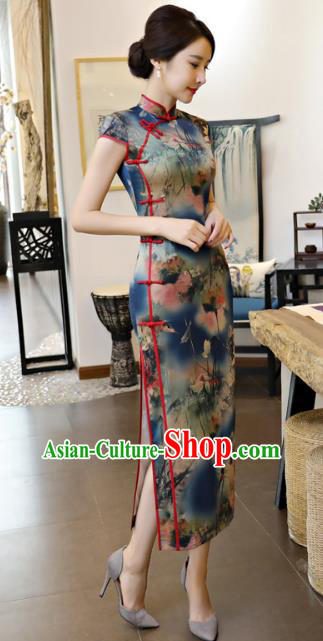 Chinese National Costume Tang Suit Printing Lotus Navy Qipao Dress Traditional Republic of China Cheongsam for Women