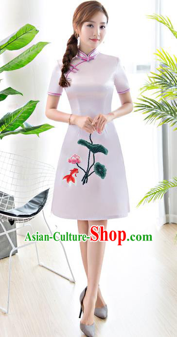 Chinese National Costume Tang Suit Printing Lotus White Qipao Dress Traditional Republic of China Cheongsam for Women