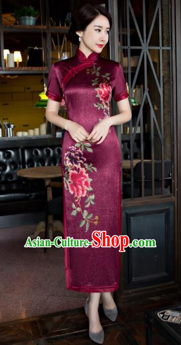 Chinese National Costume Tang Suit Wine Red Qipao Dress Traditional Republic of China Printing Peony Cheongsam for Women