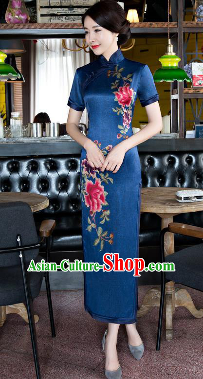 Chinese National Costume Tang Suit Blue Qipao Dress Traditional Republic of China Printing Peony Cheongsam for Women